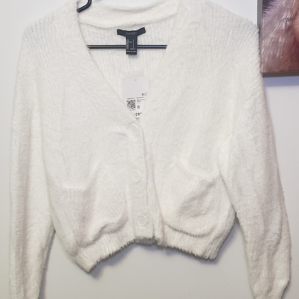 Forever 21 White Fuzzy Cropped Button-Front Cardigan
